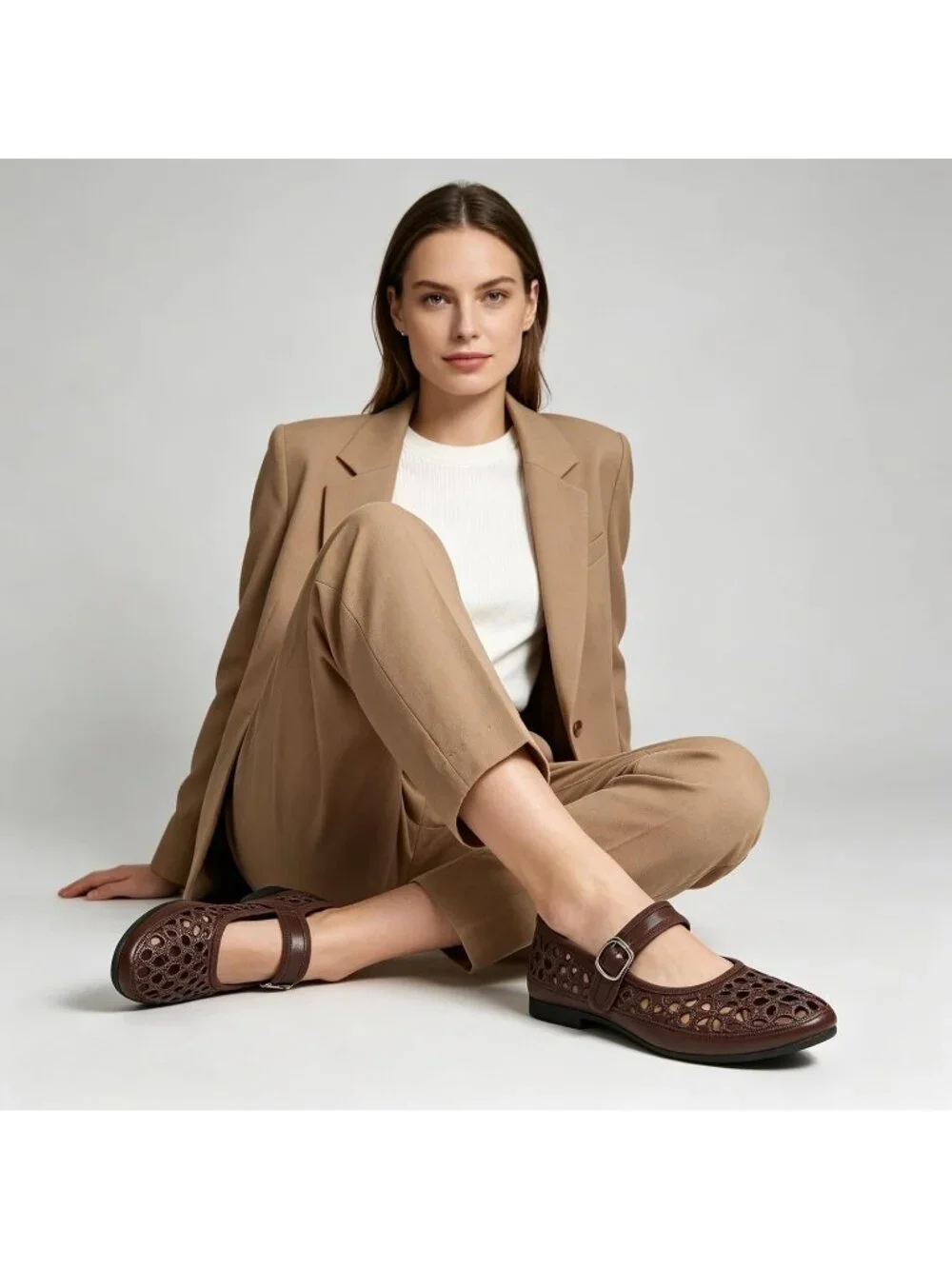 Women's Tan Faux Leather Round Toe Adjustable Buckle Strap Flat Slip On Shoes